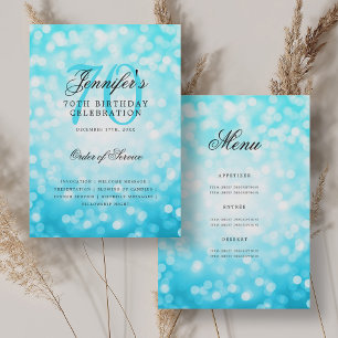 Elegant 70th Birthday Program Turquoise Bokeh Menu