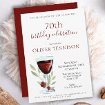 Elegant 70th Birthday Red Wine Surprise Party Invitation<br><div class="desc">Elegant 70th Birthday Red Wine Surprise Birthday Party Invitation. 70th birthday party invitation for her or him. Invitation with a red wine glass, roses and twigs on a white background. The text is fully customizable - personalize it with your name, any age - 30th 40th 50th 60th 80th 90th 100th,...</div>