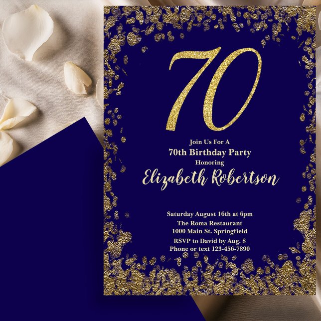 Elegant 70th Blue Birthday Invitation Gold Sequin (Creator Uploaded)