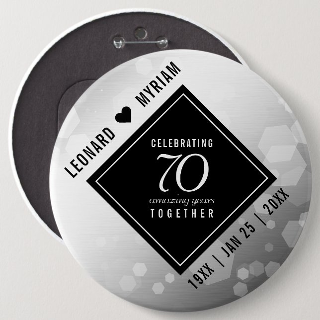 Elegant 70th Platinum Wedding Anniversary 6 Inch Round Button (Front & Back)