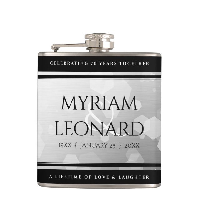Elegant 70th Platinum Wedding Anniversary Hip Flask (Front)
