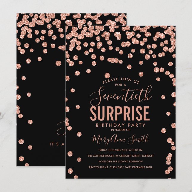 Elegant 70th Surprise Birthday Rose Gold Black Invitation (Front/Back)