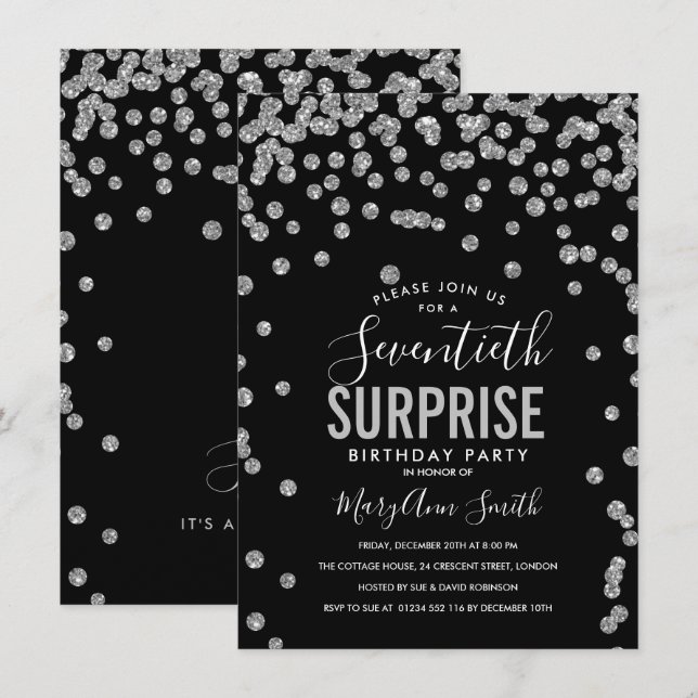 Elegant 70th Surprise Birthday Silver Black Invitation (Front/Back)