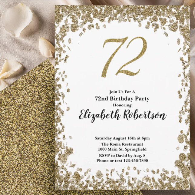 Elegant 72nd Birthday Invitation With Gold Sequins (Créateur téléchargé)
