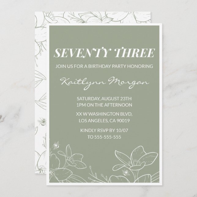Elegant 73rd birthday invitations Floral Green (Front/Back)