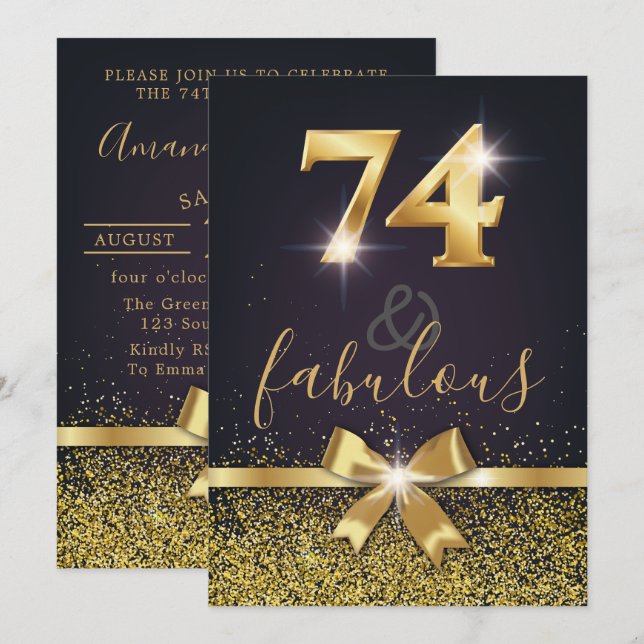 Elegant 74 & Fabulous Gold Glitter 74th Birthday Invitation (Front/Back)