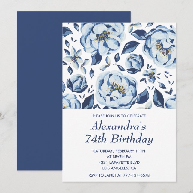 Elegant 74th birthday invitations Floral Vintage (Front/Back)