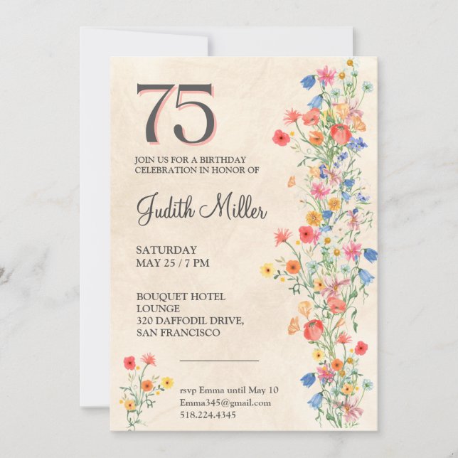 Elegant 75th Birthday – Floral Party Design Invitation (Front)