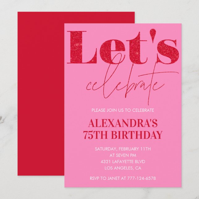 Elegant 75th birthday invitation Pink Glitter Glam (Front/Back)