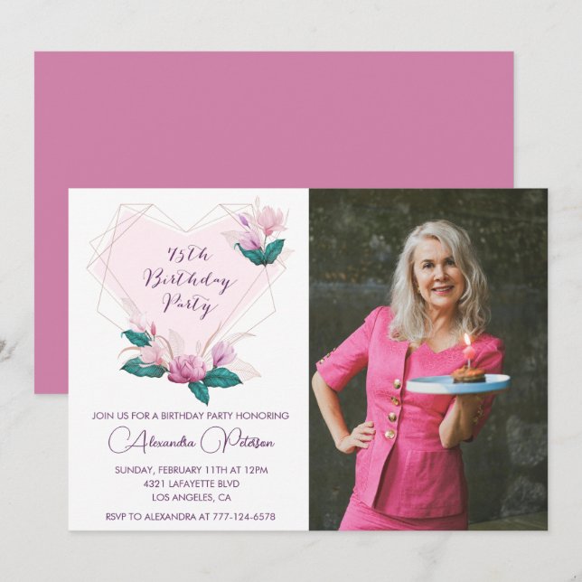 Elegant 75th birthday invitations Floral Photo (Front/Back)