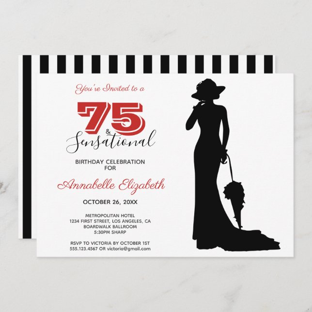 Elegant 75th Birthday Red/Black 75 & SENSATIONAL I Invitation (Front/Back)