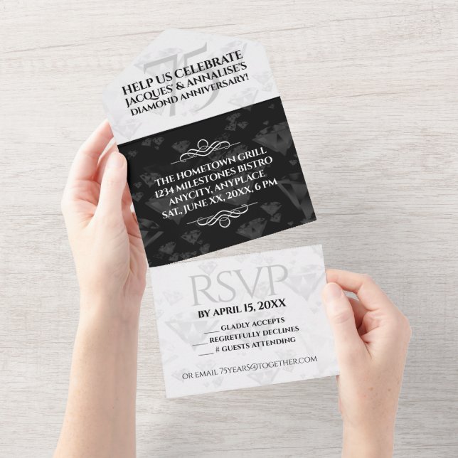Elegant 75th Diamond Wedding Anniversary All In One Invitation (Tearaway)