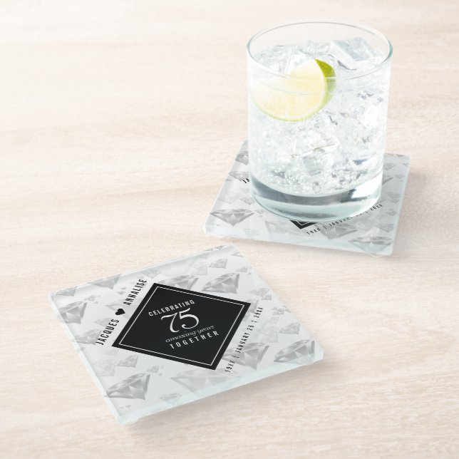 Elegant 75th Diamond Wedding Anniversary Glass Coaster (Angled)