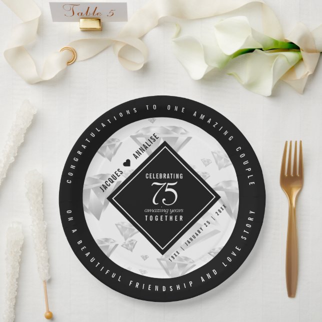 Elegant 75th Diamond Wedding Anniversary Paper Plate (Wedding)