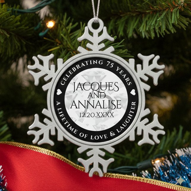 Elegant 75th Diamond Wedding Anniversary Snowflake Pewter Christmas Ornament (75th Diamond Wedding Anniversary Snowflake Pewter Ornament Cover Photo)