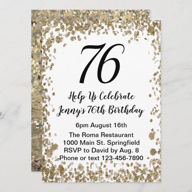 Elegant 76th Birthday Invitation in black and gold (Front/Back)