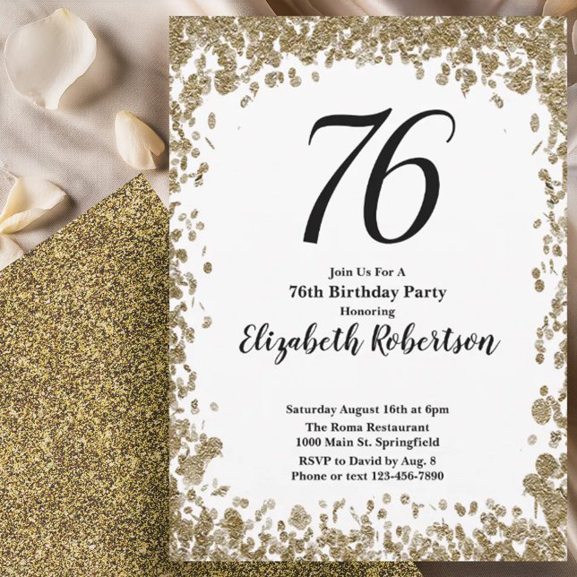 Elegant 76th Birthday Invitation With Gold Sequins (Créateur téléchargé)