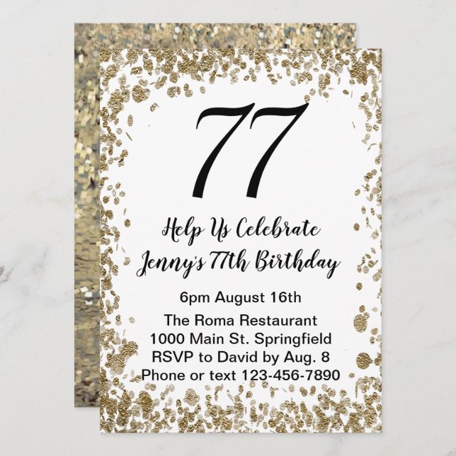 Elegant 77th Birthday Invitation in black and gold (Front/Back)