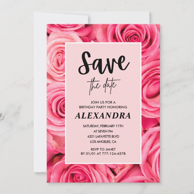 Elegant 77th birthday Pink Rose Save the date Invitation (Front)