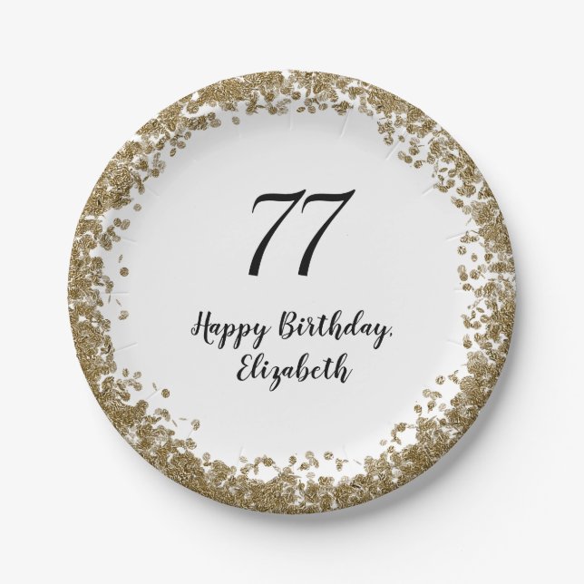 Elegant 77th Birthday Plates With Gold Sequins (Front)