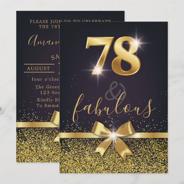 Elegant 78 & Fabulous Gold Glitter 78th Birthday Invitation (Front/Back)