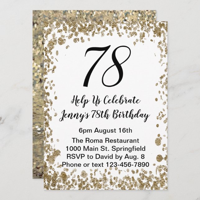 Elegant 78th Birthday Invitation in black and gold (Devant / Derrière)