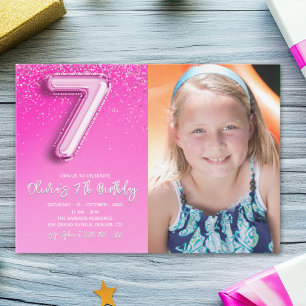 Elegant 7th Birthday girl with photo Numer Ballon Invitation