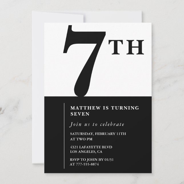 Elegant 7th birthday invitation Black Chic Modern (Front)