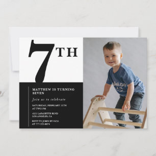 Elegant 7th birthday invitation Black Chic Modern 