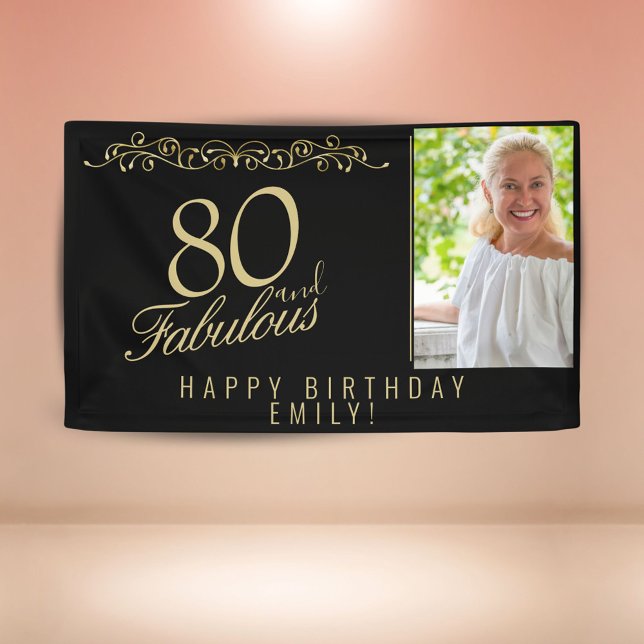 Elegant 80 and Fabulous Birthday Photo Black Banner (Creator Uploaded)