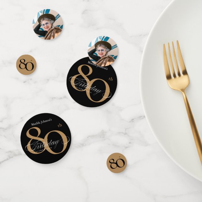 Elegant 80th Birthday Black Gold Calligraphy Confetti (Group)