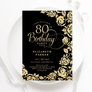 Elegant 80th Birthday Black Gold Roses Invitation