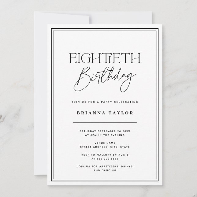 Elegant 80th Birthday Black & White Invitation (Front)