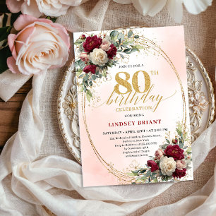 Elegant 80th Birthday Bohemian Floral Gold Invite