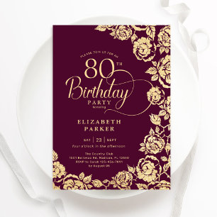 Elegant 80th Birthday Burgundy Gold Roses Invitation