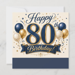 Elegant 80th Birthday Card Navy Blue and Gold 