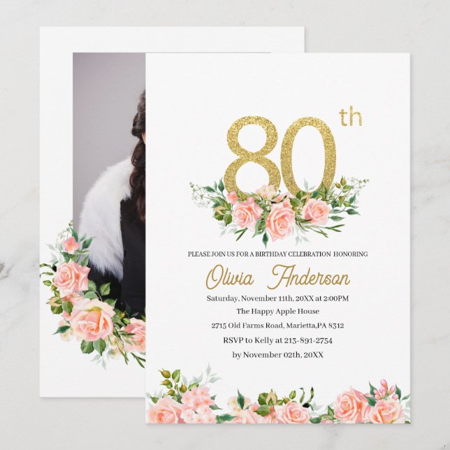 Elegant 80th  Birthday Celebration Watercolor Glit Invitation (Front/Back)