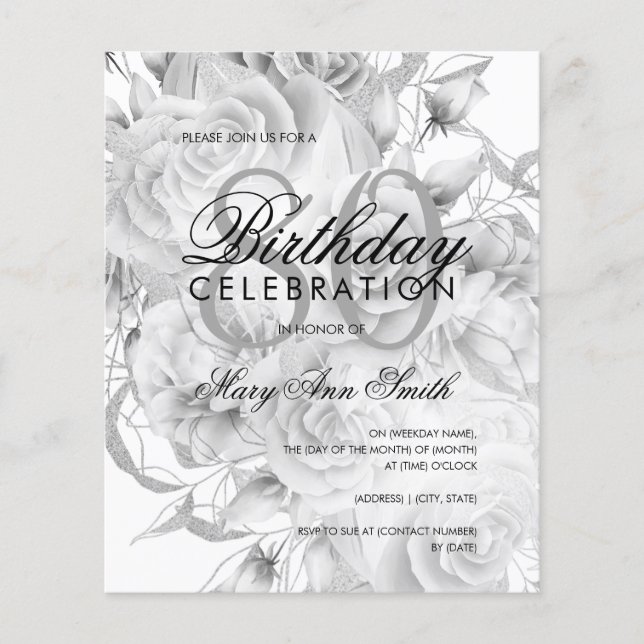 Elegant 80th Birthday Floral Silver White Invite Flyer (Front)