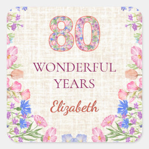 Elegant 80th Birthday for Her - Pink Floral Square Sticker