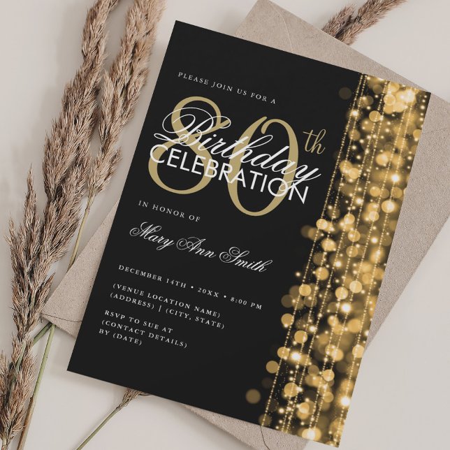 Elegant 80th Birthday Glam Sparkles Gold & Black Invitation (Elegant 80th Birthday Glam Sparkles Gold & Black Invitation)