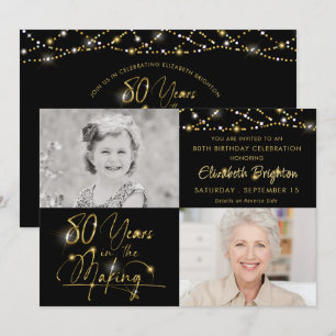 Elegant 80th Birthday Gold Lights Script 2 Photos Invitation