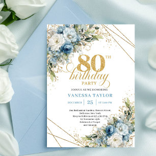 Elegant 80th Birthday Invite Dusty Blue Florals