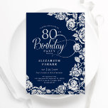 Elegant 80th Birthday Navy Silver Roses Invitation<br><div class="desc">Navy silver floral 80th birthday party invitation. Elegant design featuring roses,  faux silver foil and typography script font. Trendy invite card perfect for a stylish female bday celebration. Can be customized to any age. Personalize with your own details. Printed Zazzle invitations or instant download digital printable template.</div>