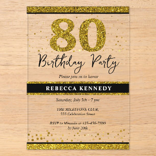 Elegant 80th Birthday Party Black And Gold Glitter Acrylic Invitations