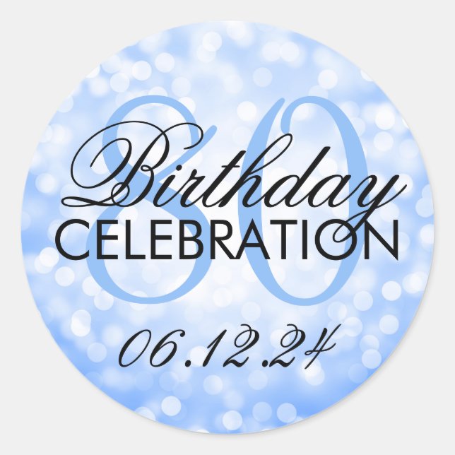 Elegant 80th Birthday Party Blue Glitter Lights Classic Round Sticker (Front)