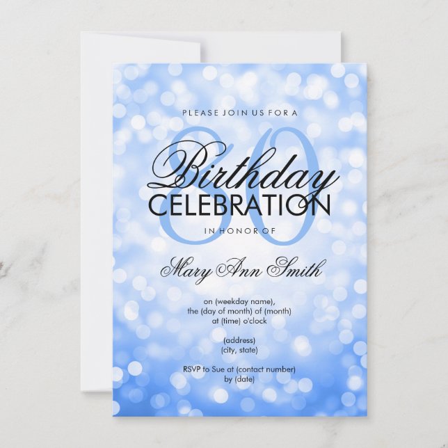 Elegant 80th Birthday Party Blue Glitter Lights Invitation (Front)