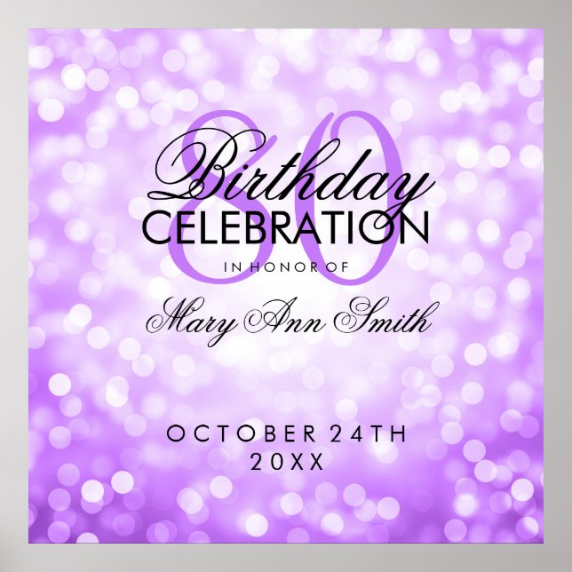 Elegant 80th Birthday Party Glitter Lights Purple Poster (Front)