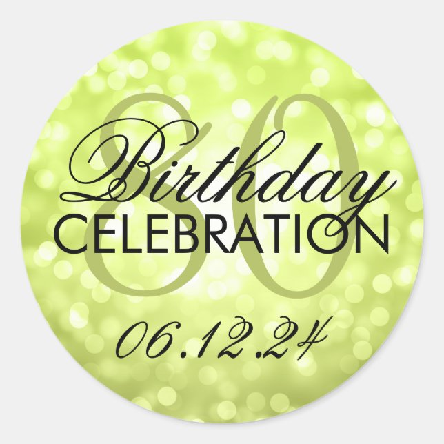 Elegant 80th Birthday Party Green Glitter Lights Classic Round Sticker (Front)