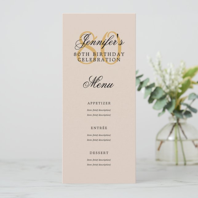 Elegant 80th Birthday Party Menu Gold Champagne Invitation (Standing Front)