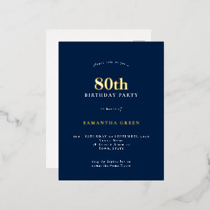 Elegant 80th Birthday Party Navy Blue Glam  Foil Invitation Postcard